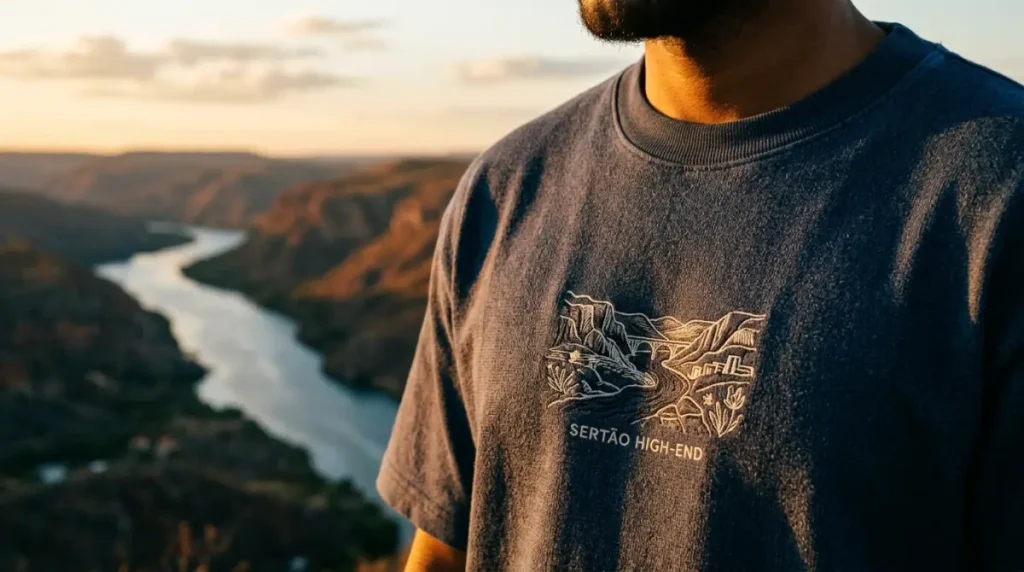 a psicologia do brio - detalhe técnico de camiseta brio co streetwear representando o conceito sertão high-end no vale do são francisco