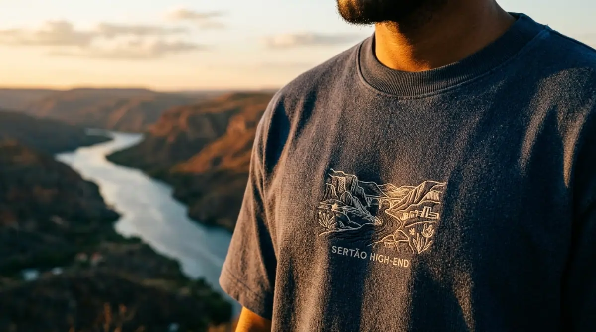 a psicologia do brio - detalhe técnico de camiseta brio co streetwear representando o conceito sertão high-end no vale do são francisco